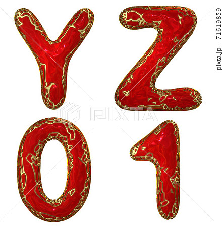 Realistic 3D letters set Y, Z, 0, 1 made of gold shining metal letters. 71619859