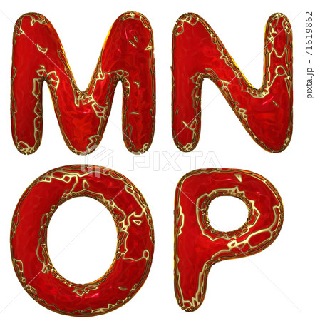 Realistic 3D letters set M, N, O, P made of gold shining metal letters. 71619862