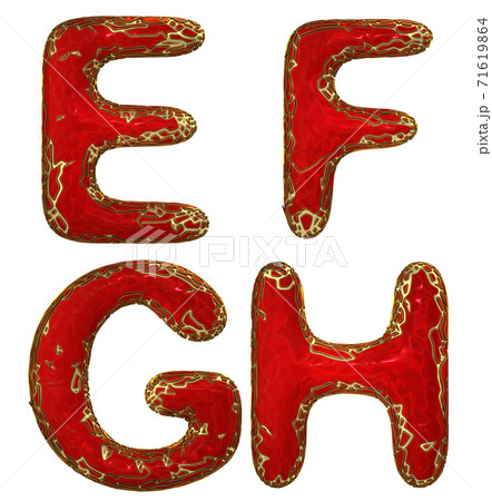 Realistic 3D letters set E, F, G, H made of gold shining metal letters. 71619864