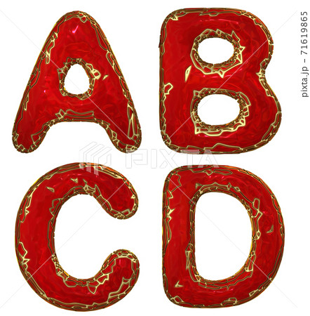 Realistic 3D letters set A, B, C, D made of gold shining metal letters. 71619865