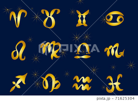Set of golden Zodiac signs on a dark background. Square icons. 71625304