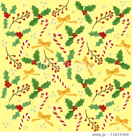 柊とキャンディと実とリボンの背景 クリスマス柄 黄色のイラスト素材