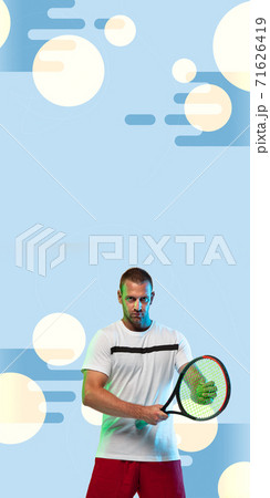 Man playing tennis isolated on blue geometric styled studio background in neon light, vertical flyer 71626419