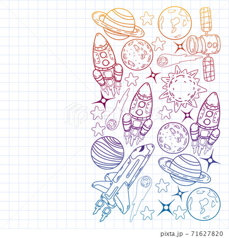 Vector doodle space pattern. Earth, Moon, Jupiter, Sun, Saturn. 71627820