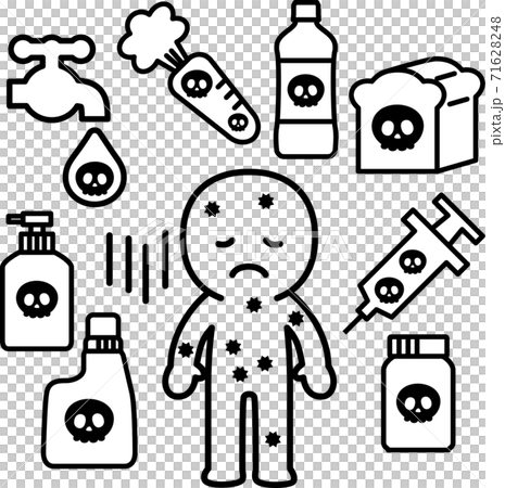 毒入りの食品や日用品と毒素が溜まった人物のイラスト素材 [71628248
