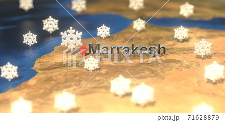 Marrakesh city and snowy weather icon on the map, weather forecast related 3D rendering 71628879