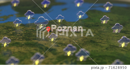 Poznan city and stormy weather icon on the map, weather forecast related 3D rendering Poznan city and stormy weather icon on the map, weather forecast related 3D rendering 71628950
