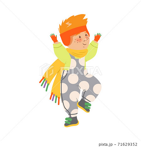 Cheerful Boy Walking and Enjoying Winter Holiday Vector Illustration 71629352