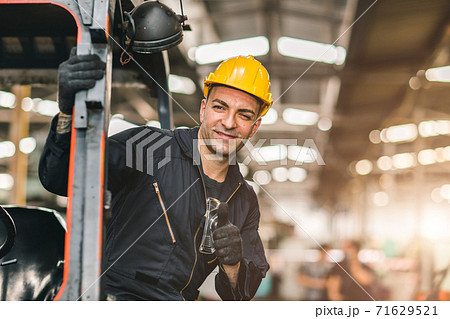 Portrait of caucasian worker happy smiling hand thumbs up for good working at cargo logistic Portrait of caucasian worker happy smiling hand thumbs up for good working at cargo logistic 71629521