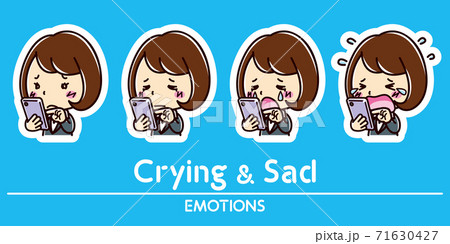 スマホと女性の表情セット 泣く 悲しいのイラスト素材