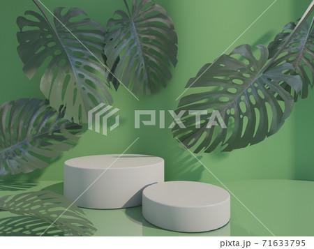 Cosmetic bottle podium with green leaf on green r background. 3d rendering. Cosmetic bottle podium with green leaf on green r background. 3d rendering. 71633795