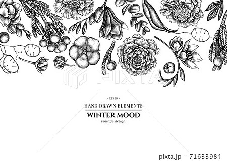 Floral design with black and white ficus, eucalyptus, peony, cotton, freesia, brunia 71633984