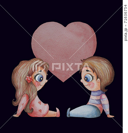 love concept. Two lovers - a cute boy and a girl sit opposite each other against the background of a pink heart. Postcard Hand drawing on black background. childrens concept. Watercolor love concept. Two lovers - a cute boy and a girl sit opposite each other against the background of a pink heart. Postcard Hand drawing on black background. childrens concept. Watercolor 71636754