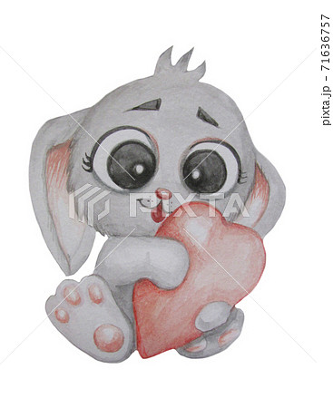 Cute cartoon gray rabbit with a heart in its paws. Watercolor, hand drawing. Isolated over white background. For valentines, baby decoration, postcards, print and design Cute cartoon gray rabbit with a heart in its paws. Watercolor, hand drawing. Isolated over white background. For valentines, baby decoration, postcards, print and design 71636757