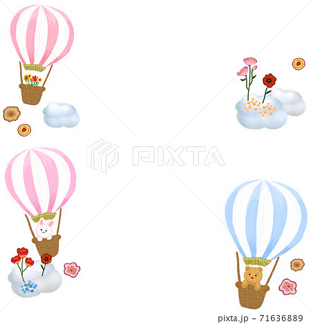 気球に乗った動物達と花のフレーム素材のイラスト素材