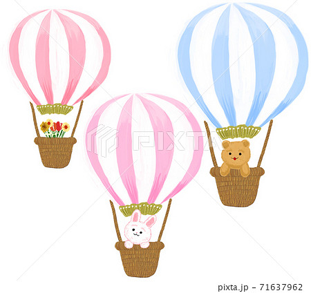 気球にのったクマとウサギと花束のイラスト素材