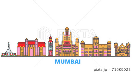 India, Mumbai 2 line cityscape, flat vector. Travel city landmark, oultine illustration, line world icons 71639022