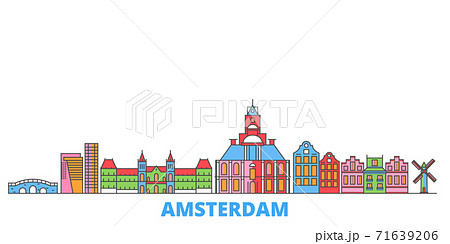 Netherlands, Amsterdam City line cityscape, flat vector. Travel city landmark, oultine illustration, line world icons Netherlands, Amsterdam City line cityscape, flat vector. Travel city landmark, oultine illustration, line world icons 71639206