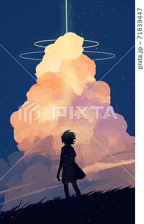 光の波動を見守る少女のイラスト素材