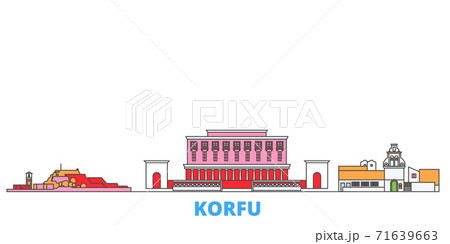 Greece, Korfu line cityscape, flat vector. Travel city landmark, oultine illustration, line world icons Greece, Korfu line cityscape, flat vector. Travel city landmark, oultine illustration, line world icons 71639663
