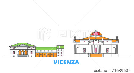 Italy, Vicenza line cityscape, flat vector. Travel city landmark, oultine illustration, line world icons Italy, Vicenza line cityscape, flat vector. Travel city landmark, oultine illustration, line world icons 71639682