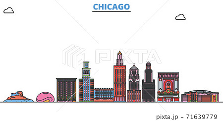 United States, Chicago line cityscape, flat vector. Travel city landmark, oultine illustration, line world icons United States, Chicago line cityscape, flat vector. Travel city landmark, oultine illustration, line world icons 71639779