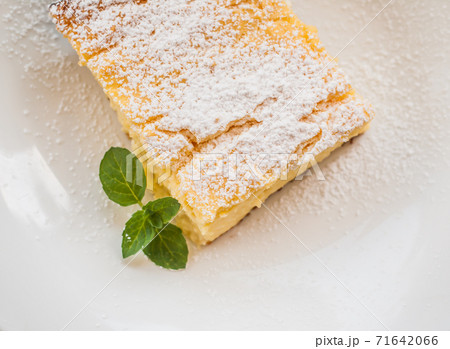 cottage cheese casserole piece sprinkled with powdered sugar on a plate 71642066