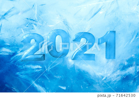 2021 happy new year ice text on blue frozen background, 3d render 71642530