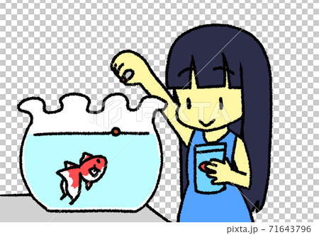 金魚にエサをあげる少女のイラスト素材