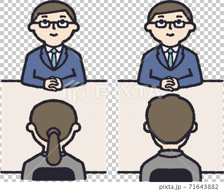 スーツの男性が若い男性 女性それぞれとデスクを挟んで面接している様子のイラスト素材