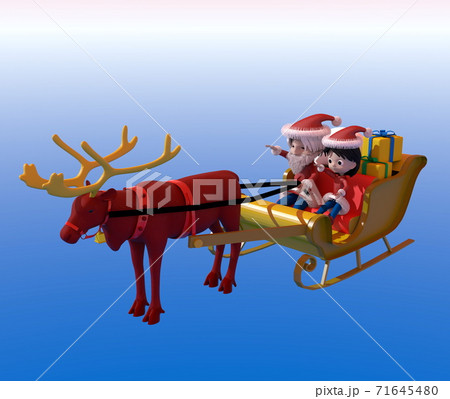 クリスマス ソリに乗るサンタクロースと子供のイラスト素材