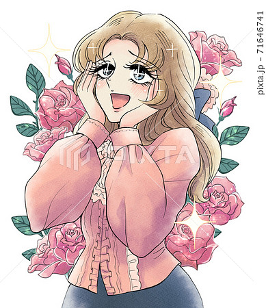 70年代の少女漫画風 歓喜するお嬢様のイラスト 薔薇背景のイラスト素材