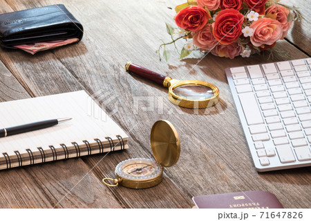 Money bag with compass and computer keyboard 71647826