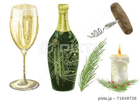 おしゃれなタッチのシャンパンイラストセットのイラスト素材