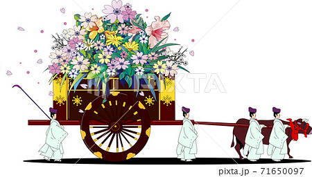 日本の昔の貴族が乗る伝統的な花を積む牛車のイラスト素材