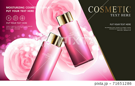 Rose skin care cosmetic product poster, bottle package design with moisturizer cream or liquid, sparkling background with glitter polka, vector design. 71651286