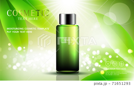 Green tea skin care cosmetic product poster, bottle package design with moisturizer cream or liquid, sparkling background with glitter polka, vector design EPS10. Green tea skin care cosmetic product poster, bottle package design with moisturizer cream or liquid, sparkling background with glitter polka, vector design EPS10. 71651293