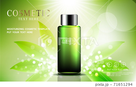 Green tea skin care cosmetic product poster, bottle package design with moisturizer cream or liquid, sparkling background with glitter polka, vector design EPS10. 71651294