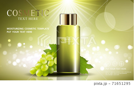 Grape seed skin care cosmetic product poster, bottle package design with moisturizer cream or liquid, sparkling background with glitter polka, vector design EPS10. Grape seed skin care cosmetic product poster, bottle package design with moisturizer cream or liquid, sparkling background with glitter polka, vector design EPS10. 71651295