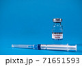 Invented coronavirus covid-19 vaccine in glass medicine bottle, syringe for injection on blue background with space for text. Concept of victory over epidemic of Sars-nCoV-2. virus 2019-nCoV defeated 71651593