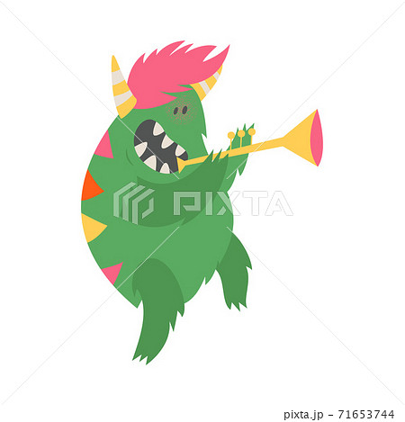 Comic Monster With Horns Playing Trumpet Vector のイラスト素材