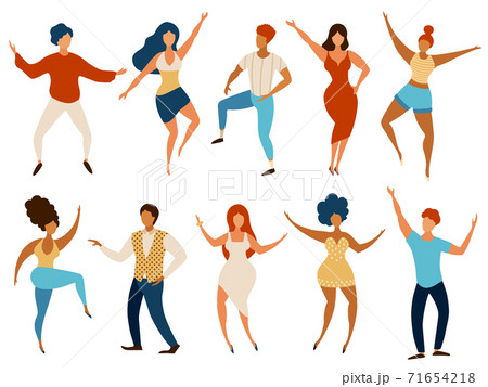 Dancing people. Happy young men and women dance and having fun. Cartoon party dancers company. Teenage girls and boys in club, vector set 71654218