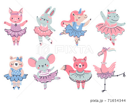 Ballet animals. Bunny, fox and unicorn ballerina in scandinavian style. Pig, bear, hippo and flamingo dance in tutu. Girl fashion vector set 71654344