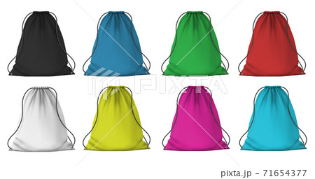 Color sport backpack mockup. Realistic cloth packs with ropes for clothes. Fabric red, blue, pink and green drawstring bags, 3D vector set Color sport backpack mockup. Realistic cloth packs with ropes for clothes. Fabric red, blue, pink and green drawstring bags, 3D vector set 71654377