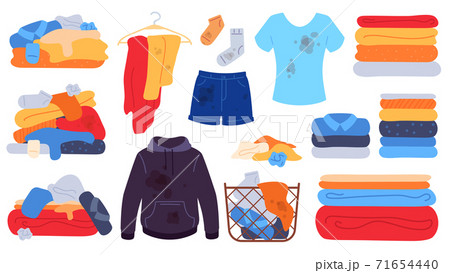 Dirty and clean clothes. Flat laundry basket, jeans, t-shirt and socks with stains. Dirty clothing piles, towels stack. Washing vector set Dirty and clean clothes. Flat laundry basket, jeans, t-shirt and socks with stains. Dirty clothing piles, towels stack. Washing vector set 71654440