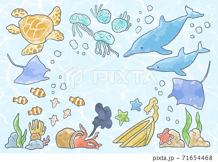 優しいタッチの海の生き物イラストセットのイラスト素材 [71654468