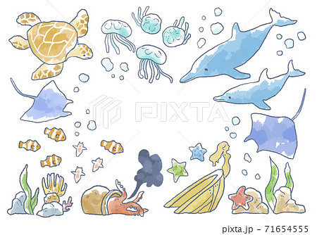 優しいタッチの海の生き物イラストフレームのイラスト素材