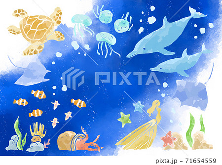 鮮やかな水彩画タッチの海の生き物イラストのイラスト素材