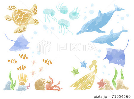 優しい水彩画タッチの海の生き物イラストフレームのイラスト素材