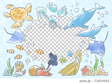 海の生物 二部構成の絵画 ホワイトフレーム 優しいタッチの海の生き物イラストフレームのイラスト素材 [71654563